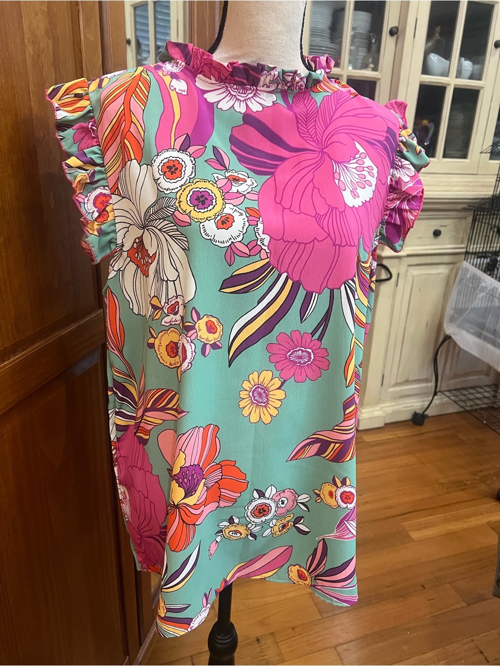 Lovely Melody Teal Floral Ruffle Sleeve Blouse with Pink Accents - Picture 3 of 8